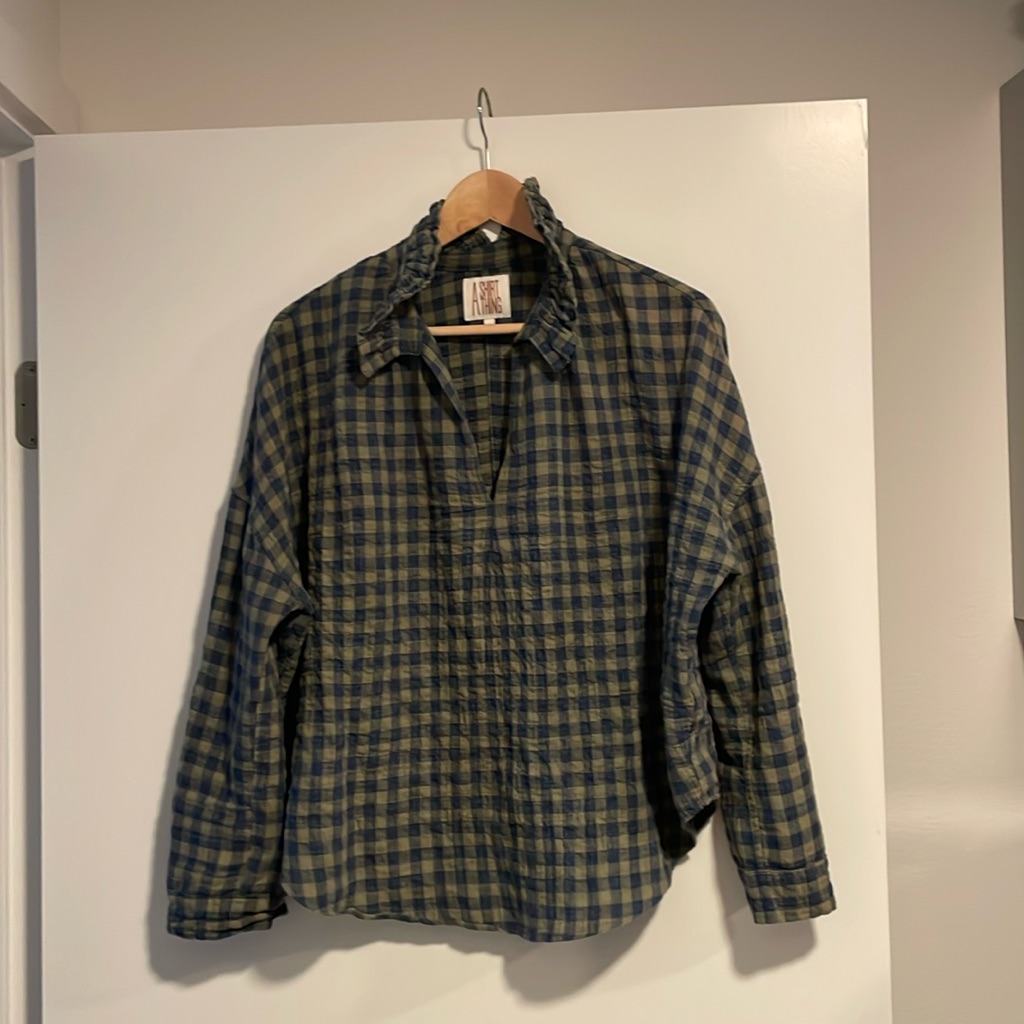 A Shirt Thing Green And Navy Penelope Blouse. Cotton. M/L